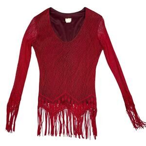 Jacques Womens Size S Red Knit Lace Long Sleeve Fringe Top